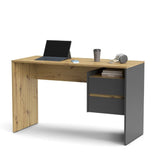 scrivania paco3 con due cassetti colore rovere e antracite, dettaglio delle gambe, cassetti e finiture di design