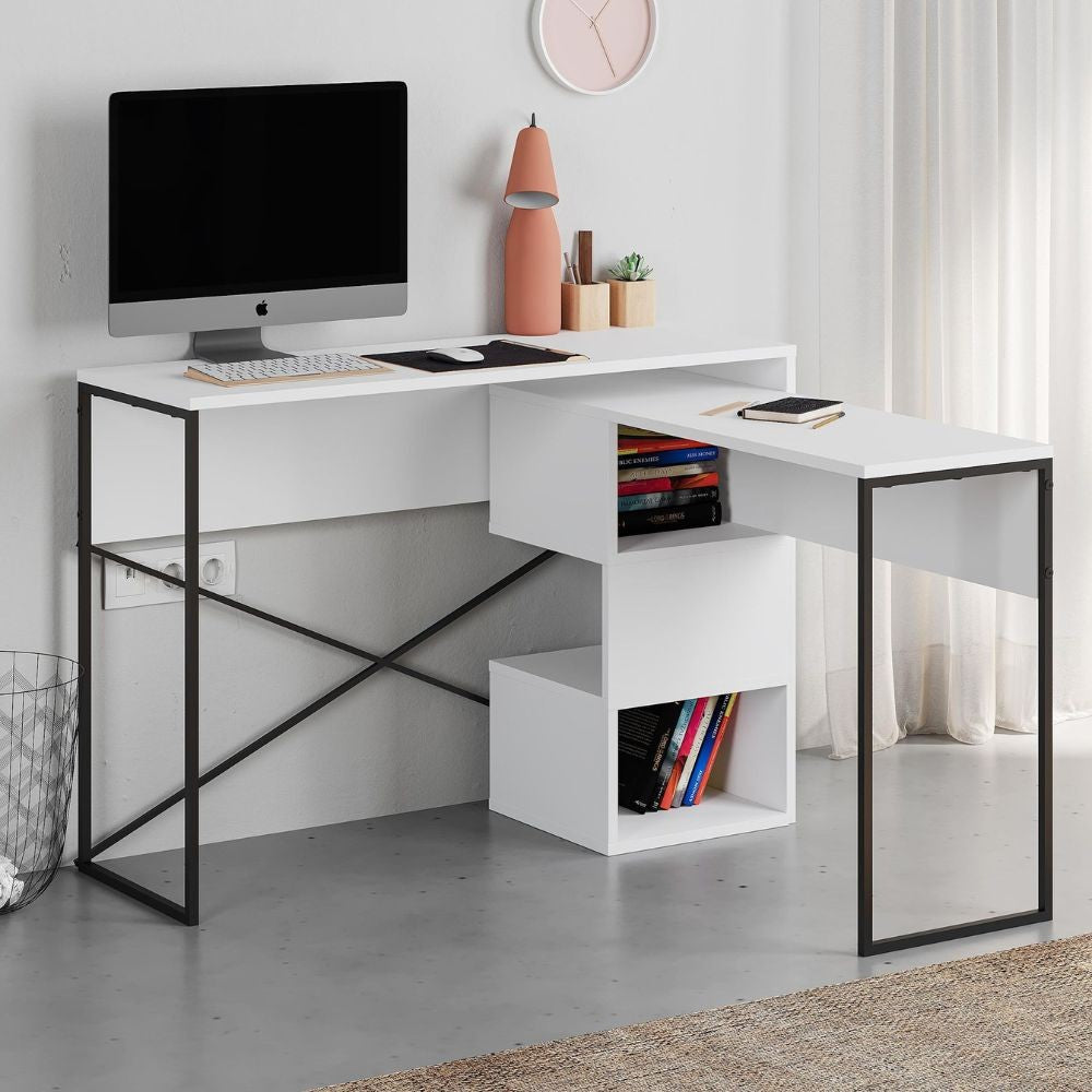 scrivania espandibile badau colore bianco e gambe in metallo nere 110x37.2x77 cm., vista ambientata in home office o cameretta
