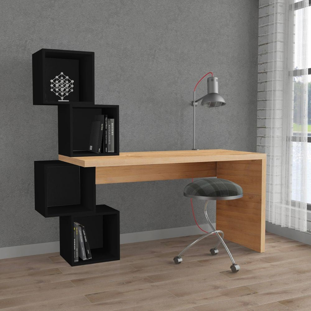 scrivania balance con piano rovere e ripiani cubotti nero, scrivania moderna per ufficio o studio con ampio piano