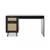 scrivania vienna30a nera con frontali effetto vimini, dettaglio delle gambe, cassetti e finiture di design