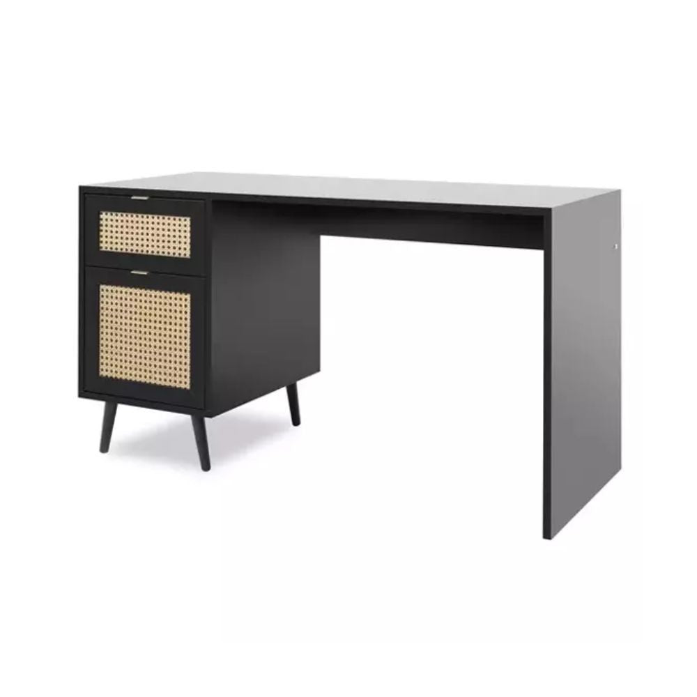 scrivania vienna30a nera con frontali effetto vimini, perfetta per lavorare, studiare o organizzare lo spazio