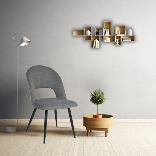 sedia lunetta imbottita in tessuto grigio con gambe nere, sedia imbottita con rivestimento in tessuto o velluto