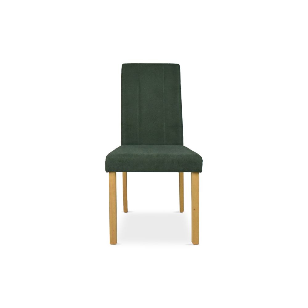 sedia tom in legno colore rovere con seduta in tessuto colore verde, struttura solida e seduta ergonomica