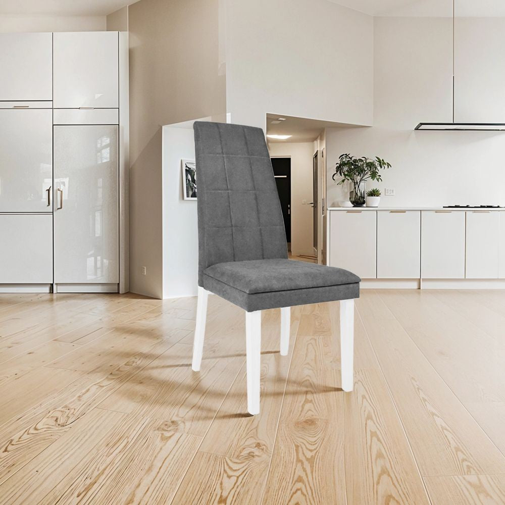 sedia tim in legno colore bianco e seduta in tessuto grigio, vista ambientata in soggiorno o sala da pranzo