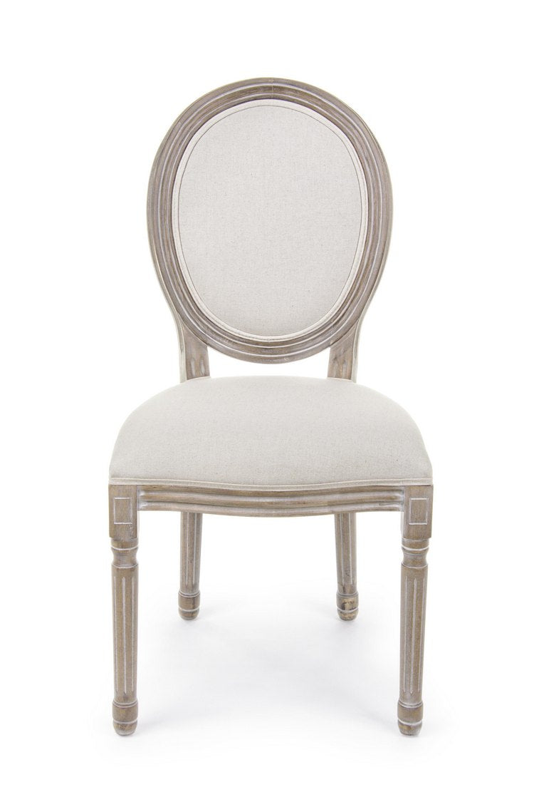 set di 2 poltroncine mathilde tessuto naturale e legno invecchiato, dettaglio dei braccioli imbottiti o in legno