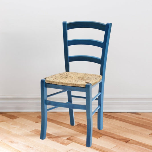 sedia venezia colore anilina celeste in legno di faggio con seduta in paglia, sedia classica in legno massello per cucina o sala