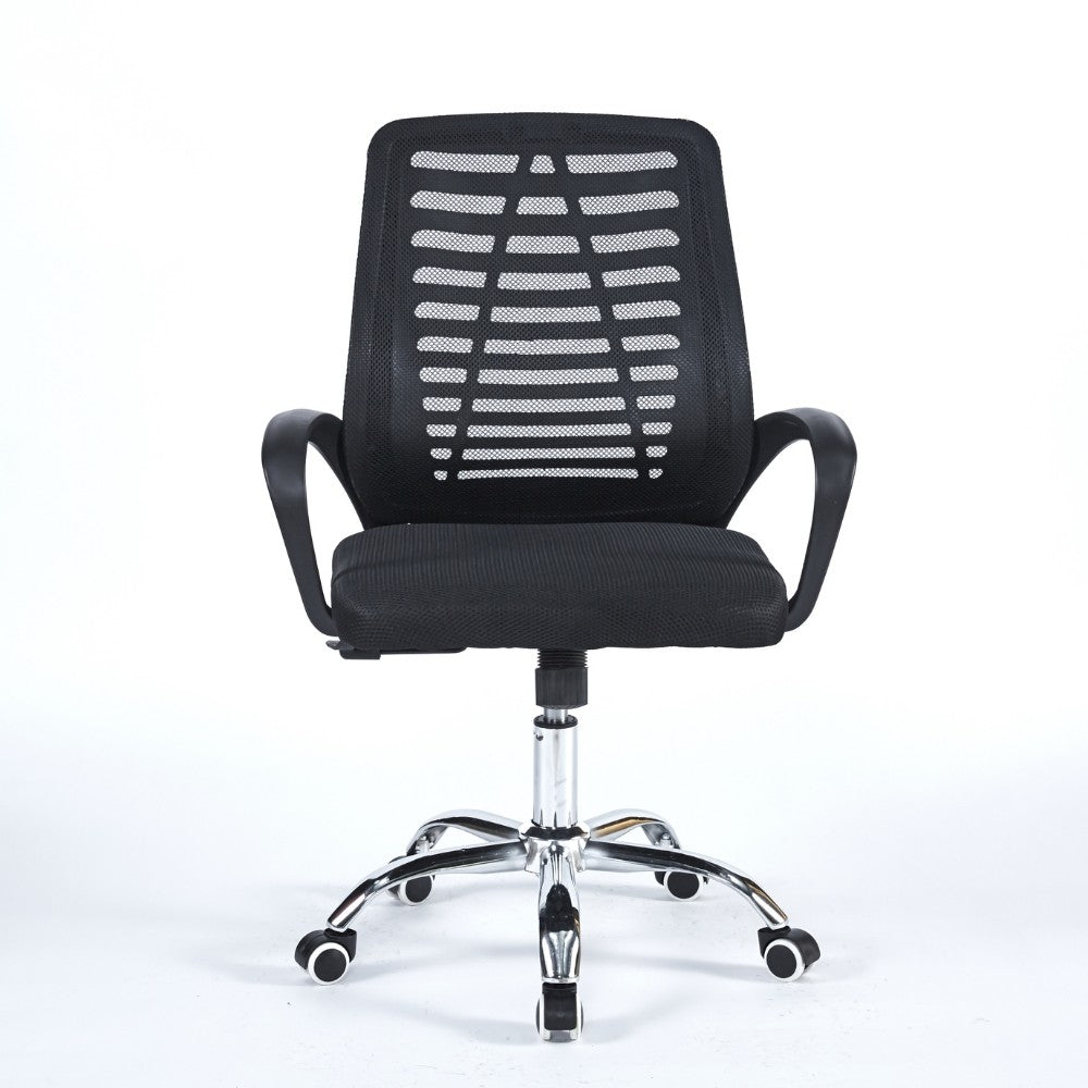 poltrona ufficio new bisk 48x51x88 cm. con mesh nero e base cromata, dettaglio di schienale regolabile e braccioli imbottiti