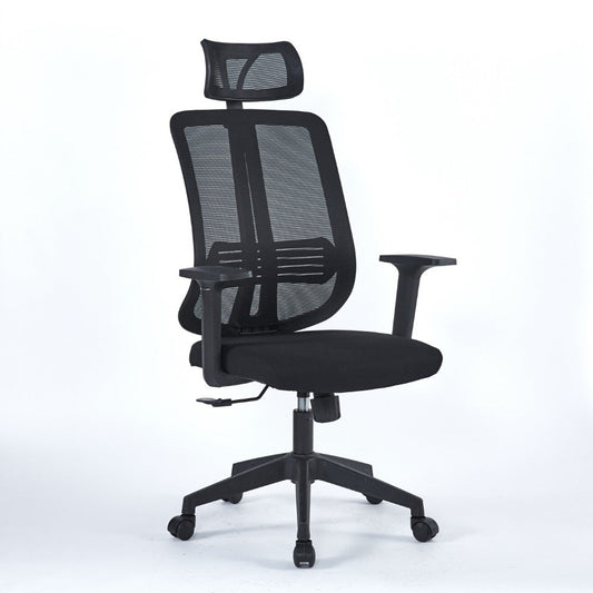 poltrona ufficio satia in tessuto e mesh nero con base nera, sedia ergonomica da ufficio per supporto lombare