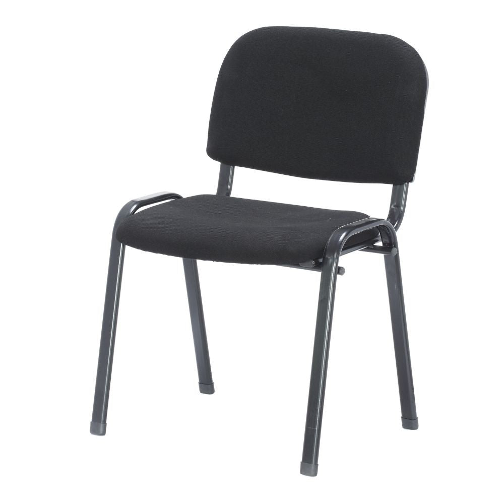 sedia da ufficio con struttura in metallo nero e tessuto nero, dettaglio di schienale regolabile e braccioli imbottiti