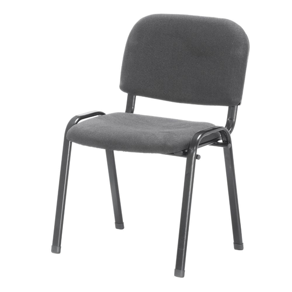 sedia da ufficio con struttura in metallo nero e tessuto grigio, dettaglio di schienale regolabile e braccioli imbottiti