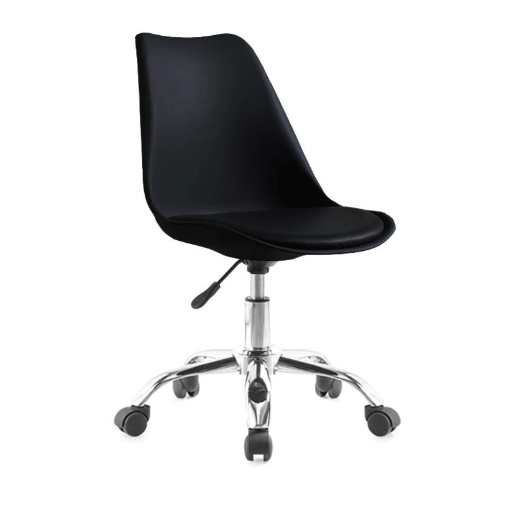 poltrona da ufficio lc719 in plastica colore nero con base cromata, sedia ergonomica da ufficio per supporto lombare