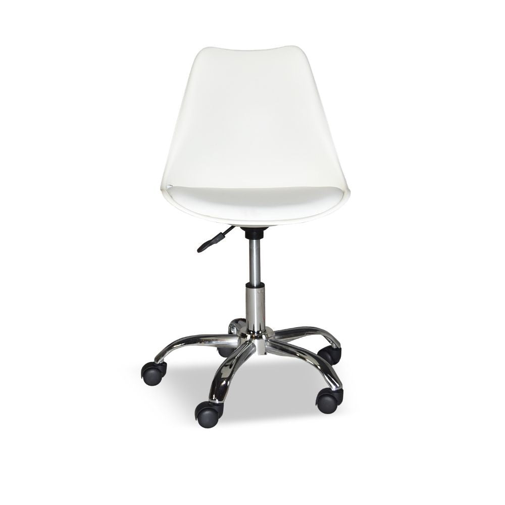 poltrona da ufficio lc719 in plastica colore bianco con base cromata, dettaglio di schienale regolabile e braccioli imbottiti