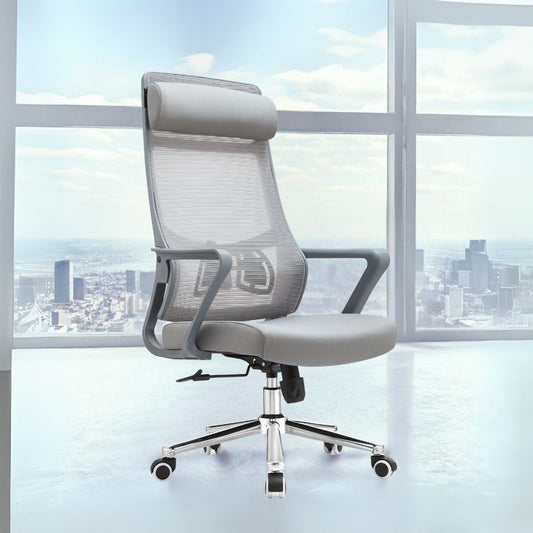 poltrona ufficio pasco con schienale in rete alto e reclinabile colore grigio, sedia ergonomica da ufficio per supporto lombare