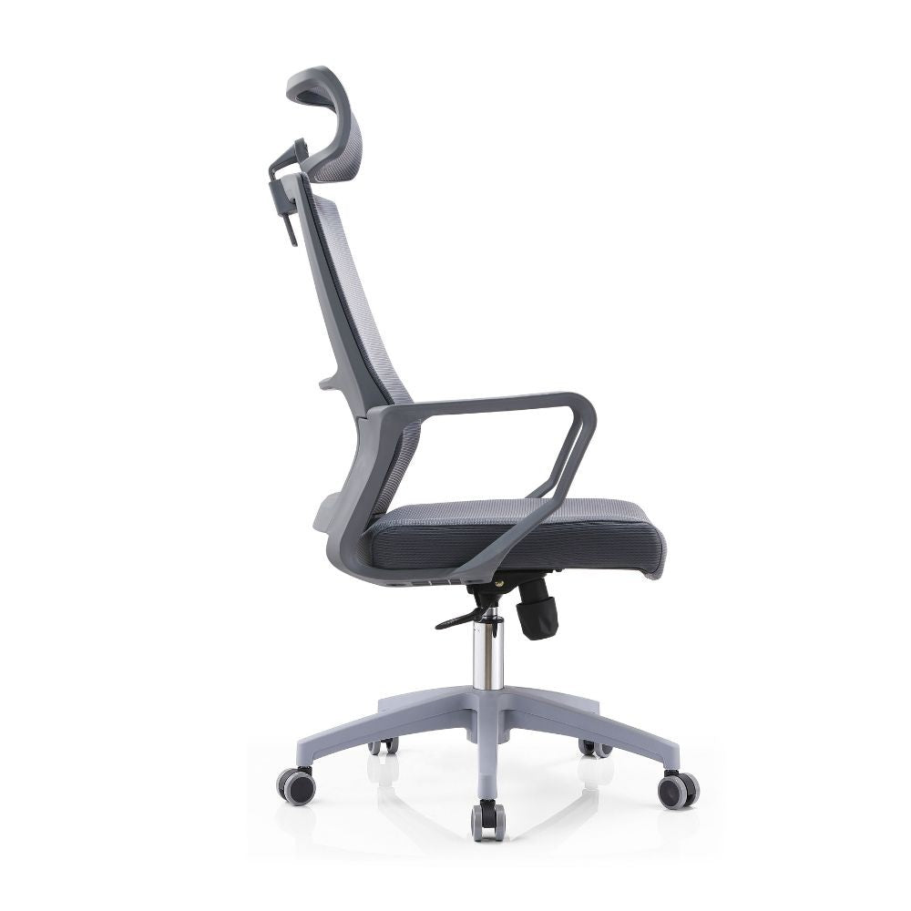 poltrona ufficio ica con schienale in rete e poggiatesta regolabile colore grigio, perfetta per lunghe sessioni di lavoro al computer