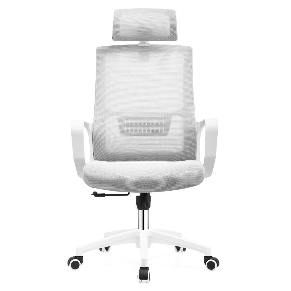 poltrona ufficio ica con schienale in rete e poggiatesta regolabile colore bianco, dettaglio di schienale regolabile e braccioli imbottiti