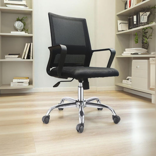 poltrona da ufficio c8350 con schienale in rete colore nero con base cromata, sedia ergonomica da ufficio per supporto lombare