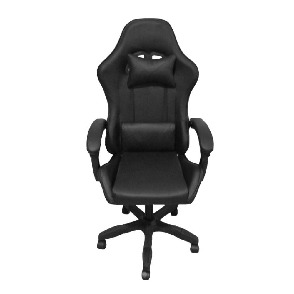 sedia da ufficio gaming con schienale alto e imbottitura in pvc colore nero, dettaglio di schienale regolabile e braccioli imbottiti