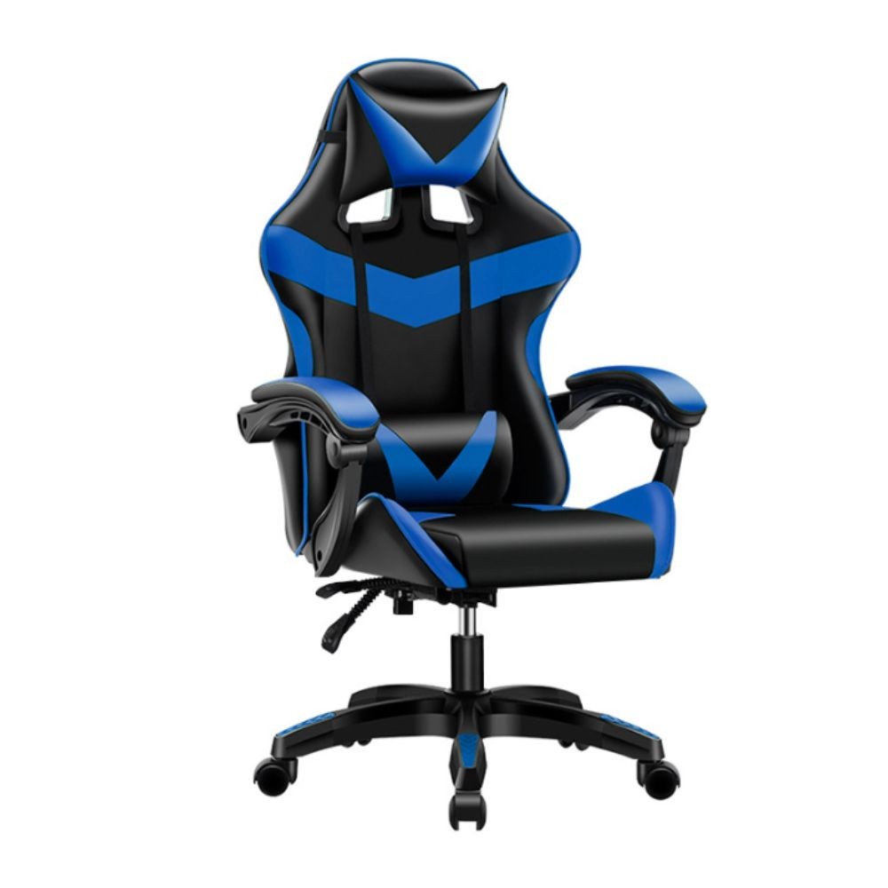 sedia da ufficio gaming con schienale alto e imbottitura in pvc colore nero con dettagli blu, dettaglio di schienale regolabile e braccioli imbottiti