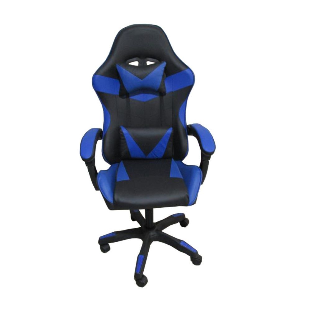sedia da ufficio gaming con schienale alto e imbottitura in pvc colore nero con dettagli blu, vista ambientata in studio o postazione di lavoro