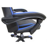 sedia da ufficio gaming con schienale alto e imbottitura in pvc colore nero con dettagli blu, perfetta per lunghe sessioni di lavoro al computer