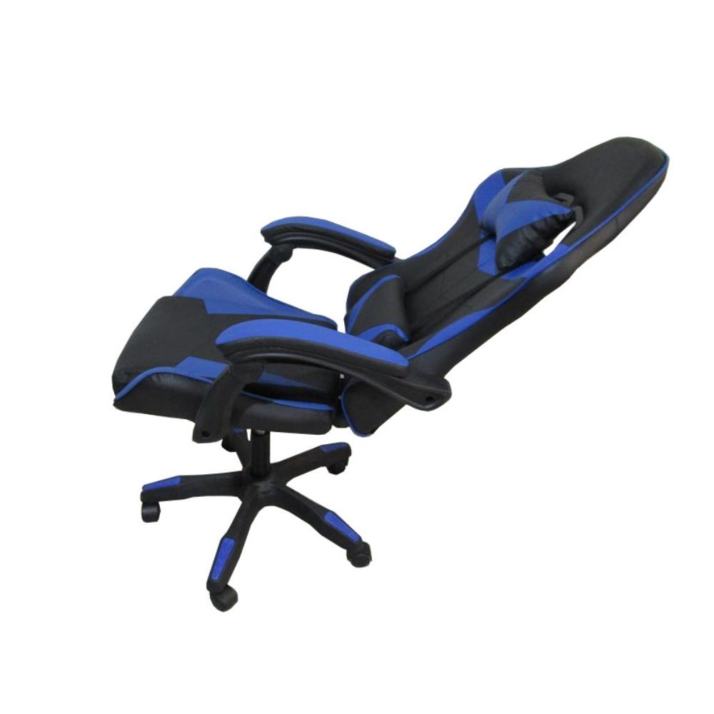 sedia da ufficio gaming con schienale alto e imbottitura in pvc colore nero con dettagli blu, meccanismo reclinabile e regolabile in altezza