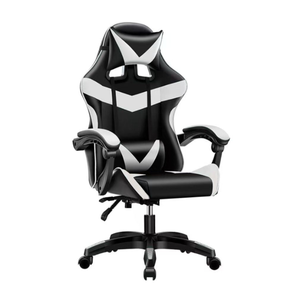 sedia da ufficio gaming con schienale alto e imbottitura in pvc colore nero con dettagli bianco, dettaglio di schienale regolabile e braccioli imbottiti