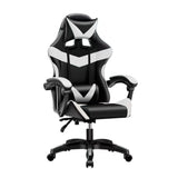 sedia da ufficio gaming con schienale alto e imbottitura in pvc colore nero con dettagli bianco, dettaglio di schienale regolabile e braccioli imbottiti