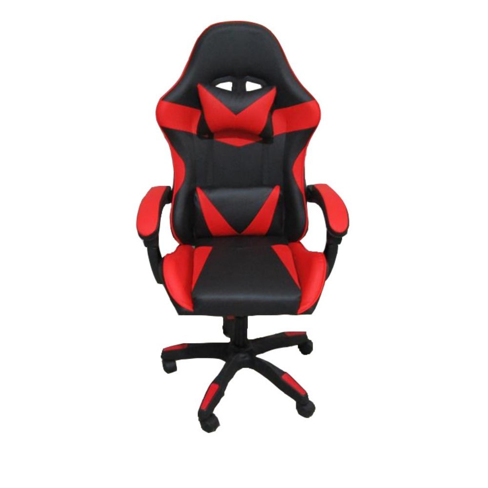 sedia da ufficio gaming con schienale alto e imbottitura in pvc colore nero con dettagli rosso, vista ambientata in studio o postazione di lavoro