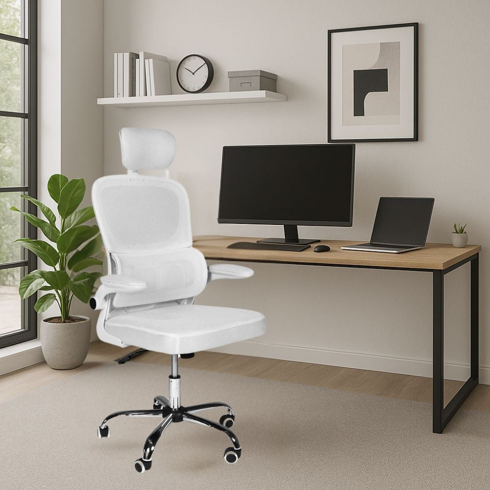 sedia da ufficio ergonomica vibes con tessuto a rete bianco con base cromata, sedia ergonomica da ufficio per supporto lombare