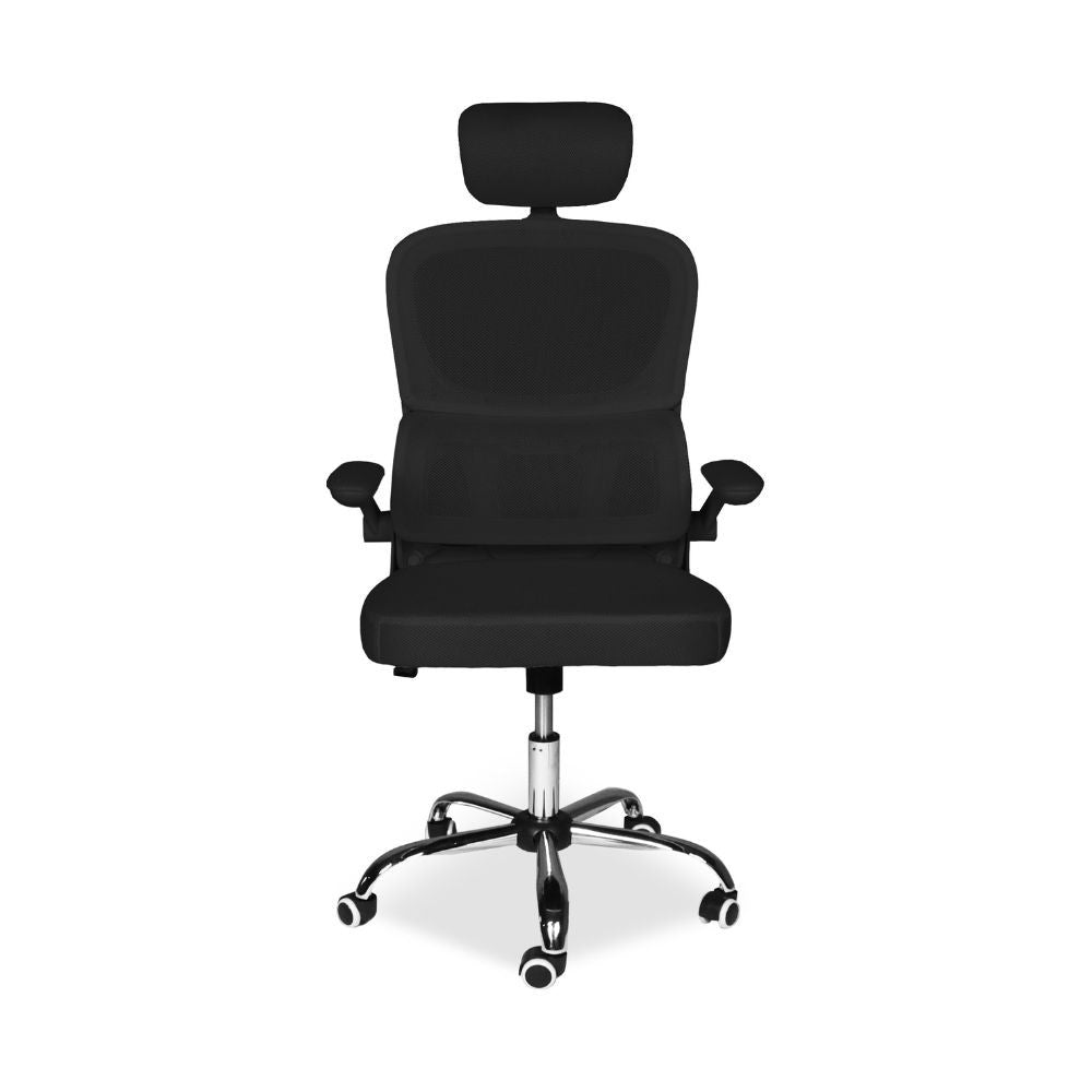 sedia da ufficio ergonomica vibes con tessuto a rete nero con base cromata, dettaglio di schienale regolabile e braccioli imbottiti