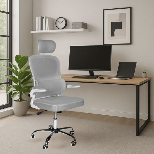 sedia da ufficio ergonomica vibes con struttura bianca e seduta in tessuto a rete grigio con base cromata, sedia ergonomica da ufficio per supporto lombare