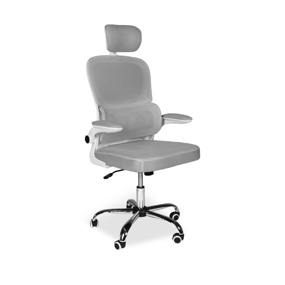 sedia da ufficio ergonomica vibes con struttura bianca e seduta in tessuto a rete grigio con base cromata, dettaglio di schienale regolabile e braccioli imbottiti