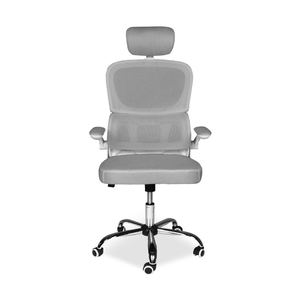 sedia da ufficio ergonomica vibes con struttura bianca e seduta in tessuto a rete grigio con base cromata, perfetta per lunghe sessioni di lavoro al computer