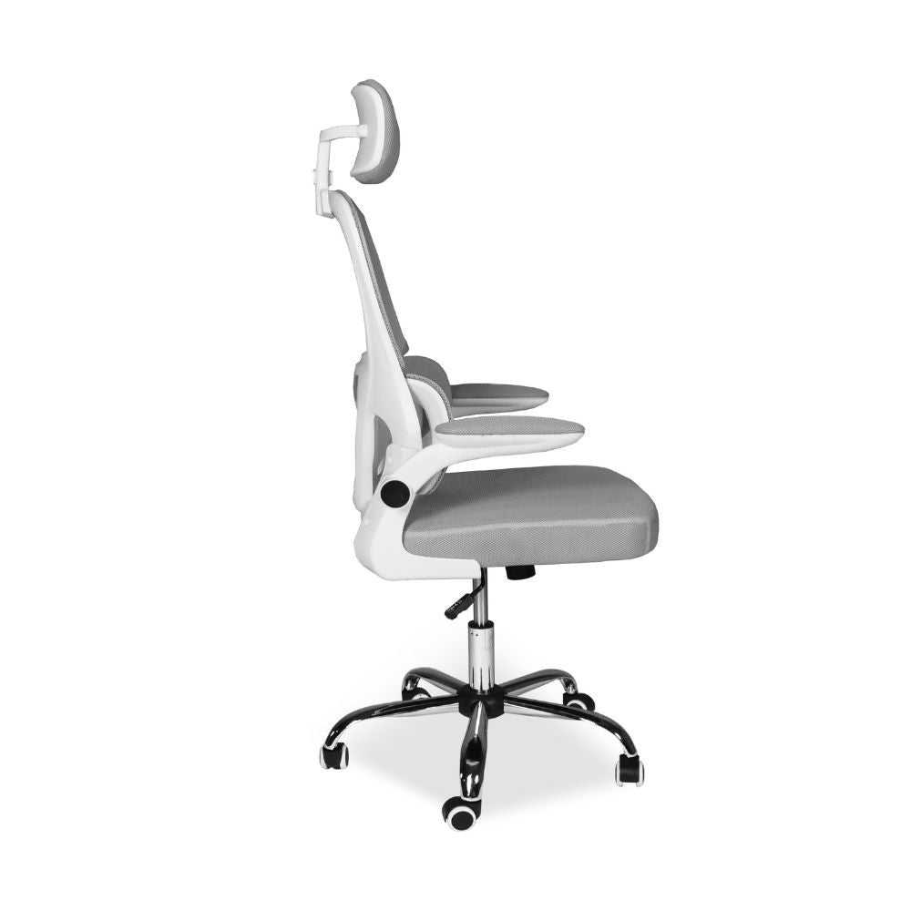 sedia da ufficio ergonomica vibes con struttura bianca e seduta in tessuto a rete grigio con base cromata, meccanismo reclinabile e regolabile in altezza