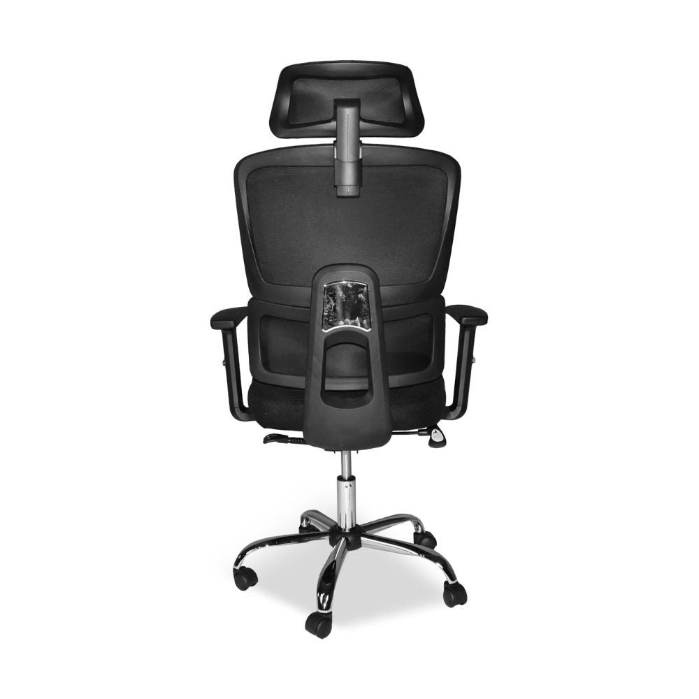 poltrona per ufficio ant con schienale in rete e poggiatesta regolabile con base cromata colore nero, meccanismo reclinabile e regolabile in altezza