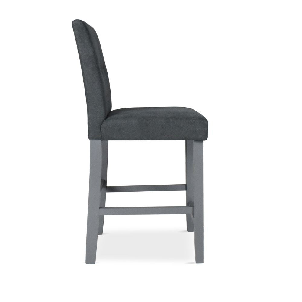 sgabello alex in legno colore grigio con seduta in tessuto grigio, design salvaspazio ideale per ambienti contemporanei