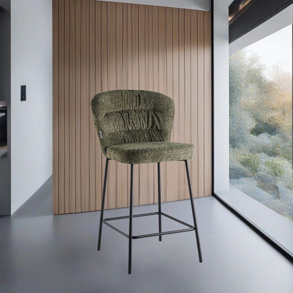 sgabello imbottito cami in tessuto teddy verde, sgabello moderno per cucina, bar o penisola