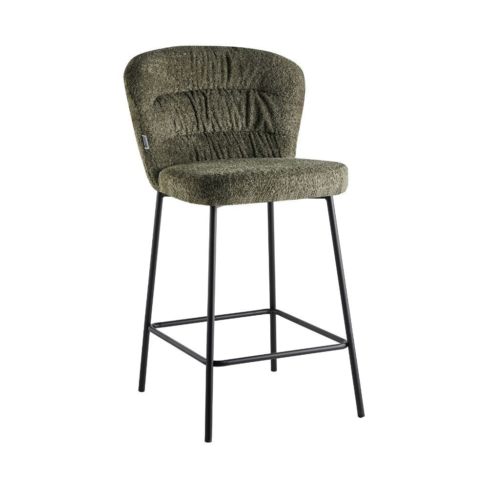 sgabello imbottito cami in tessuto teddy verde, dettaglio della seduta imbottita o in legno