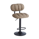 sgabello tati con seduta in ecopelle tortora e gamba in metallo nero, dettaglio della seduta imbottita o in legno