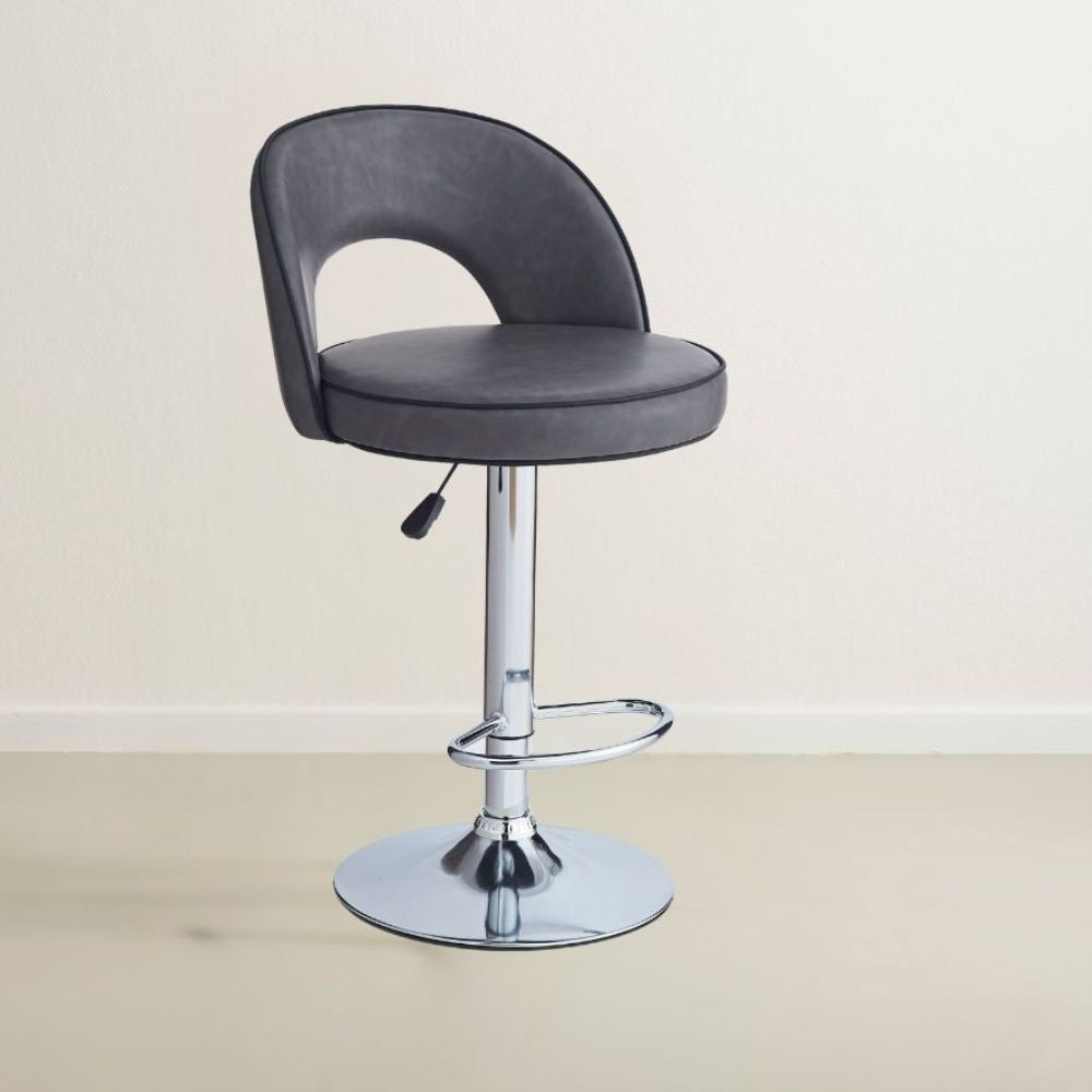 sgabello lisa con seduta in ecopelle grigio e gamba in metallo inox, sgabello moderno per cucina, bar o penisola