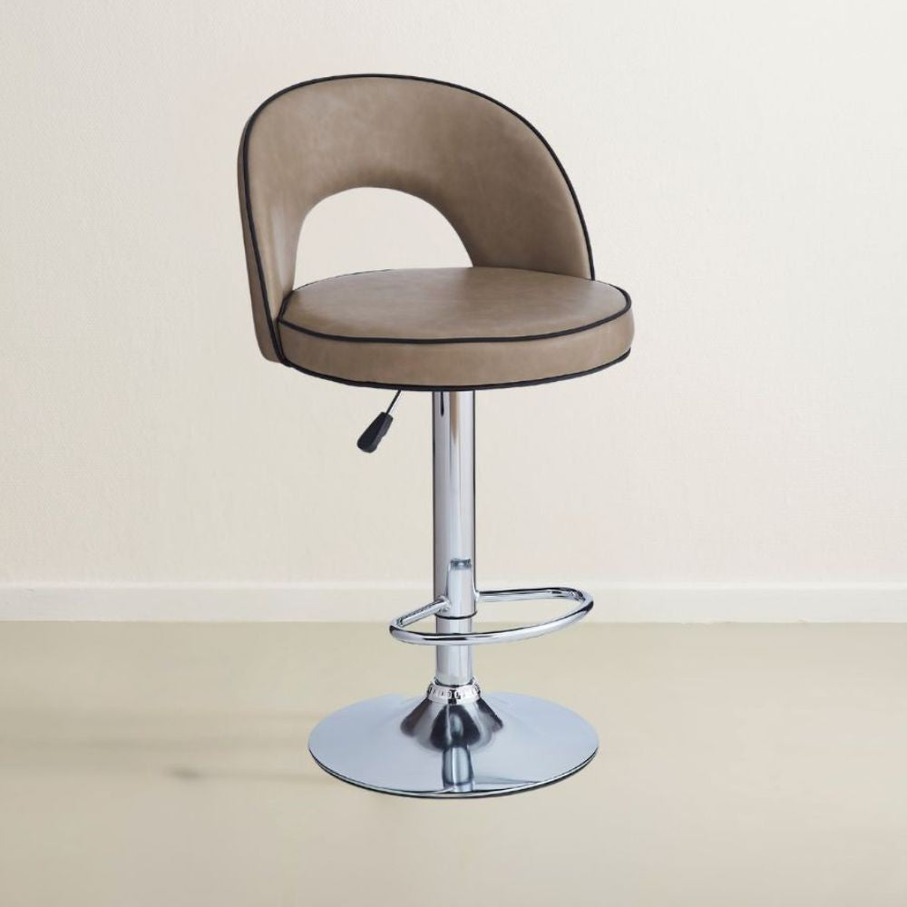 sgabello lisa con seduta in ecopelle tortora e gamba in metallo inox, sgabello moderno per cucina, bar o penisola