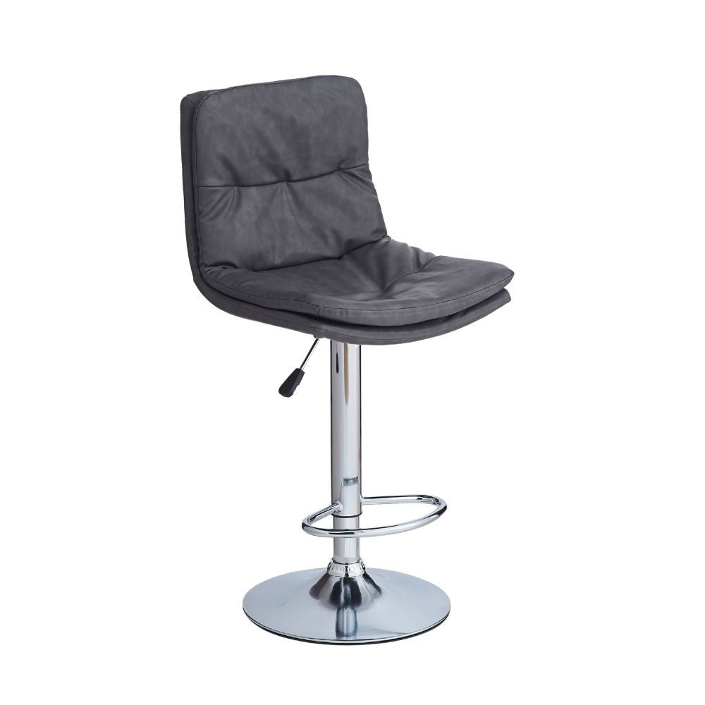 sgabello paco con seduta in ecopelle grigio e gamba in metallo inox, dettaglio della seduta imbottita o in legno