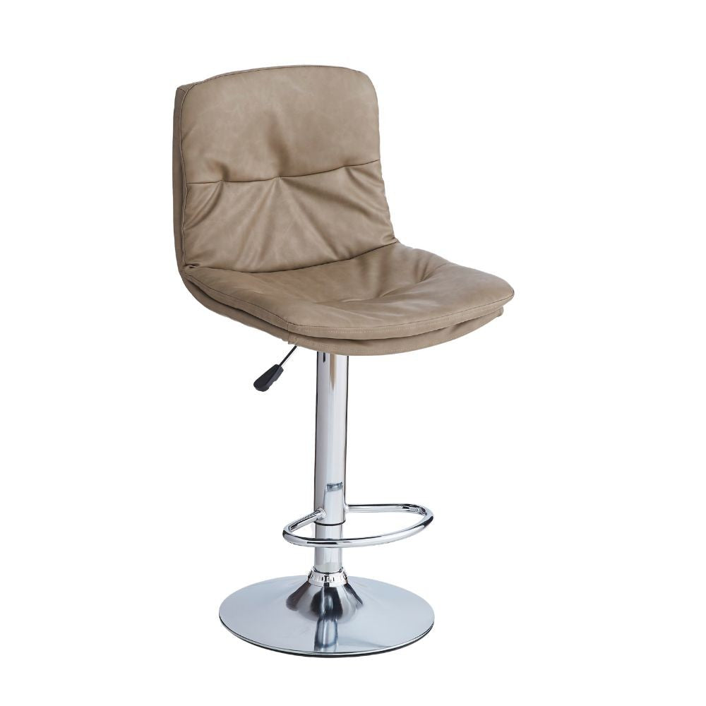 sgabello paco con seduta in ecopelle tortora e gamba in metallo inox, dettaglio della seduta imbottita o in legno