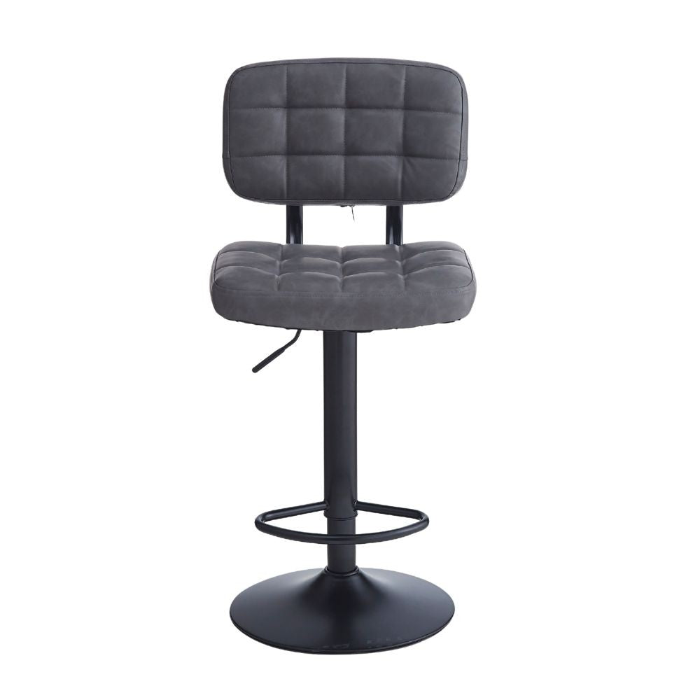 sgabello mavi con seduta e schienale in ecopelle grigio e gamba in metallo nero, dettaglio della seduta imbottita o in legno