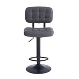 sgabello mavi con seduta e schienale in ecopelle grigio e gamba in metallo nero, dettaglio della seduta imbottita o in legno