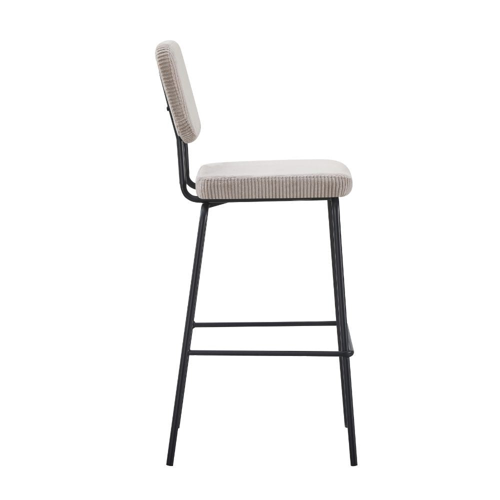 sgabello juno in tessuto colore taupe e struttura in metallo nero, design salvaspazio ideale per ambienti contemporanei