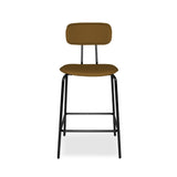 sgabello glami in pvc effetto cuoio brown con struttura in metallo nera, dettaglio della seduta imbottita o in legno