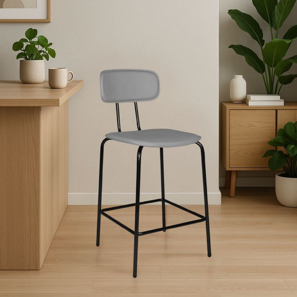 sgabello glami in pvc effetto cuoio grigio con struttura in metallo nera, sgabello moderno per cucina, bar o penisola