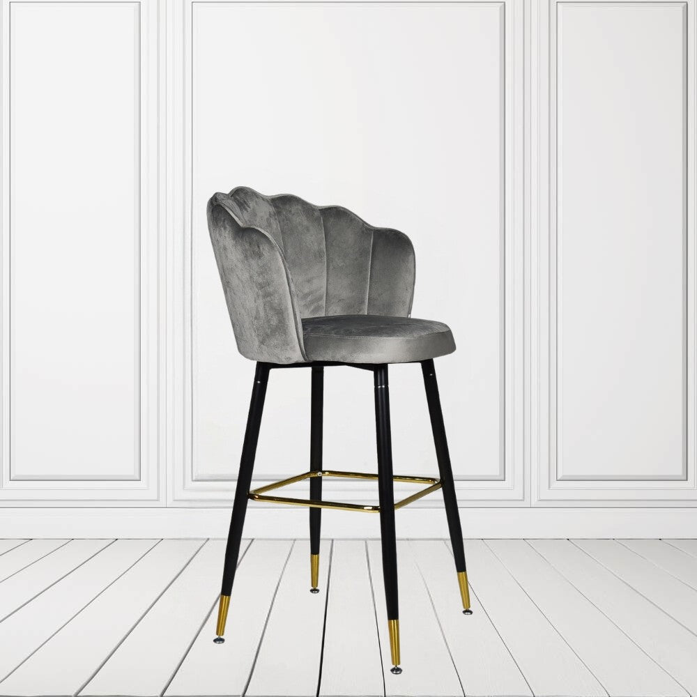 sgabello estro in velluto grigio con terminali dorati, sgabello moderno per cucina, bar o penisola