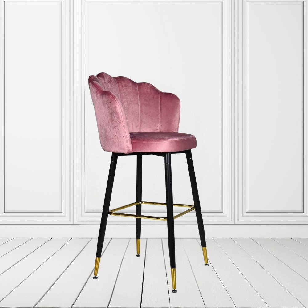 sgabello estro in velluto rosa con terminali dorati, sgabello moderno per cucina, bar o penisola